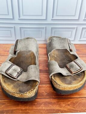 Birkenstock Two-Strap Suede Sandals in Taupe